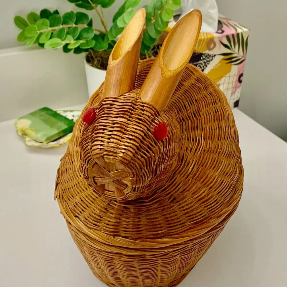 Vintage Wicker and Bamboo Bunny Rabbit Lidded Basket Functional/Whimsical Cute!